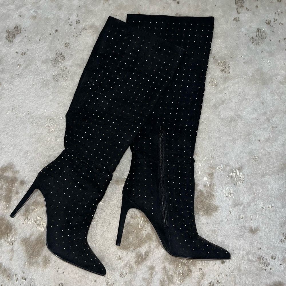 Black suede boots with gold stud detail